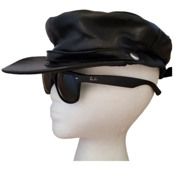 Vintage - Black Leather Moto Cap with Silver Studs - Picture 1 of 4